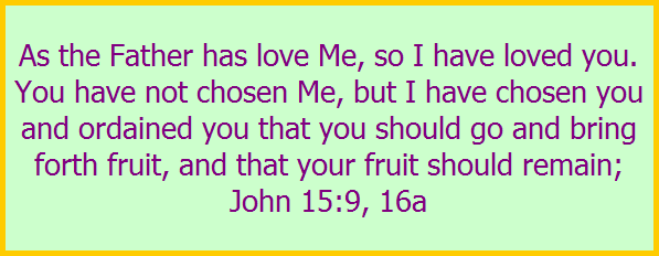 As the Father has love Me, so I have loved you.
You have not chosen Me, but I have chosen you
and ordained you that you should go and bring
forth fruit, and that your fruit should remain;
John 15:9, 16a